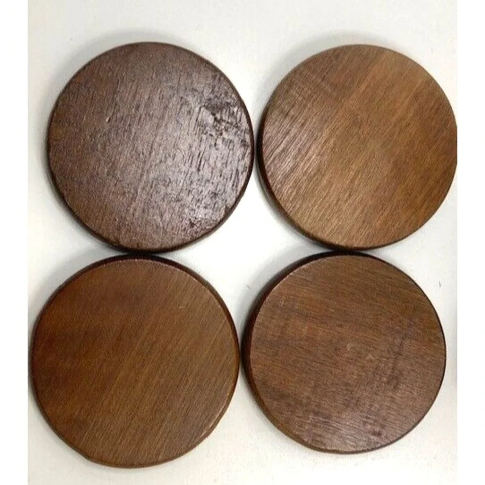 Vintage MCM Wood and Rope Round Coaster with Caddy Set of‎ 4 Boho 70s